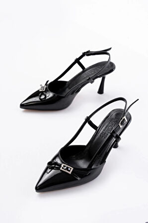 İnf-2300 Siyah Rugan Günlük Arkası Açık Fiyonklu Topuklu Kadın Ayakkabı