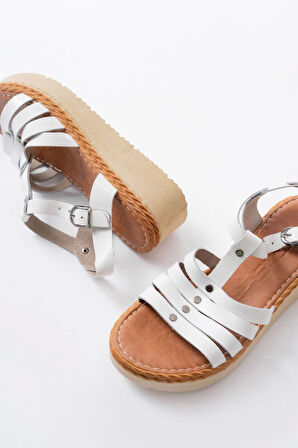 730-142 Beyaz Hakiki Deri Ortopedik Taban Kadın Sandalet