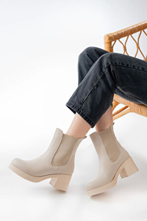 5109-3056 Bej Lastikli  Kalın Topuklu Günlük Kadın Bot