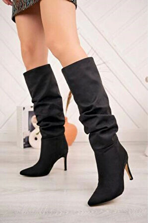 Syt-2003 Siyah Süet Körüklü İnce Topuklu Günlük Kadın Çizme