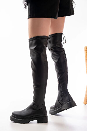 236-2194 Siyah Streç Diz Üstü Fermuarlı Günlük Kadın Çizme
