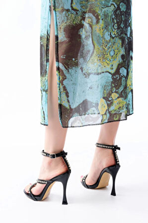 A-20 Siyah Taşlı Vivet Platformlu Topuklu Kadın Ayakkabı