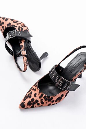 İnf-260 Siyah Leopar Günlük Arkası Açık Baret Tokalı Topuklu Kadın Ayakkabı