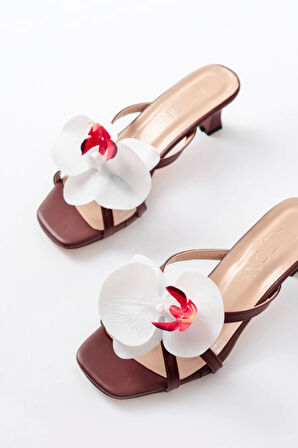S-622 Bordo Orkide Detaylı İnce Topuklu Kadın Terlik