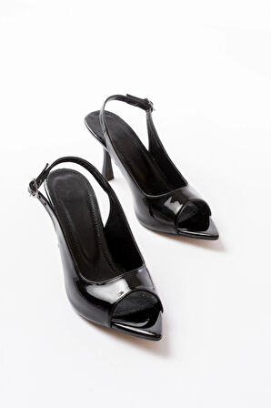 717 Siyah Rugan Sivri Burunlu Topuklu Kadın Sandalet