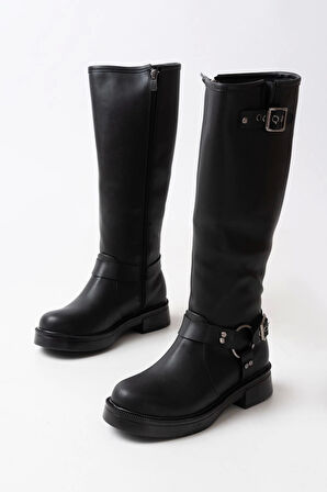 02-312 Siyah Toka Aksesuarlı Fermuarlı Günlük Kadın Çizme