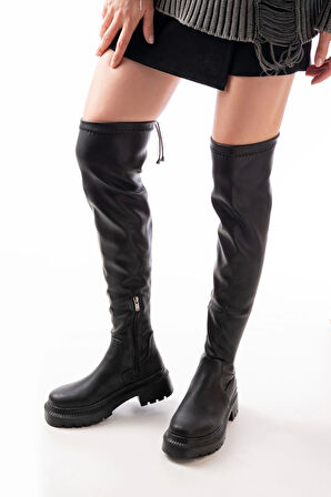 236-2194 Siyah Streç Diz Üstü Fermuarlı Günlük Kadın Çizme