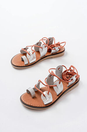 205-01 Gümüş Bilekten Bağlamalı Ortopedik Hakiki Deri Kadın Sandalet