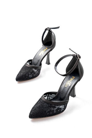 K-404 Siyah Fileli Çiçek Detaylı  Kadın Topuklu Ayakkabı