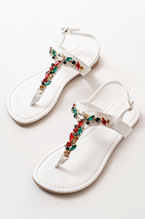152-1110 Beyaz Multi Taşlı Parmak Arası Kadın Sandalet