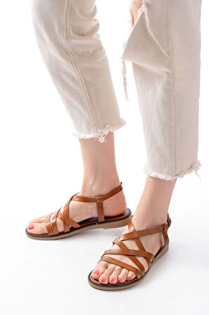 205-017 Taba Ortopedik Hakiki Deri Kadın Sandalet