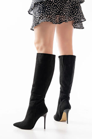 Ls-226 Siyah Süet Fermuarlı Lastikli İnce Yüksek Topuklu Kadın Çizme