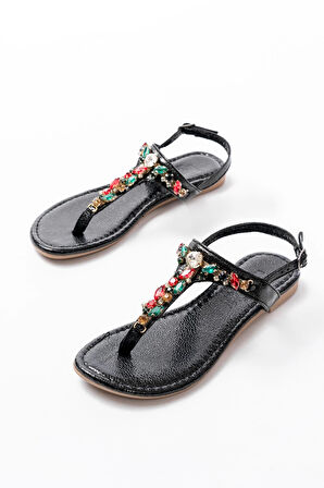 152-1110 Siyah Multi Cam Kırığı Taşlı Parmak Arası Kadın Sandalet