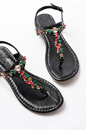 152-1110 Siyah Multi Cam Kırığı Taşlı Parmak Arası Kadın Sandalet