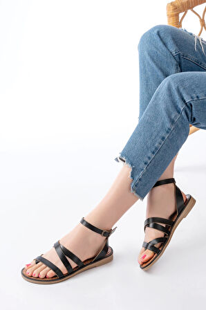 205-08 Siyah Ortopedik Hakiki Deri Kadın Sandalet