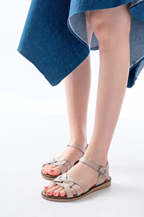 205-030 Bej Hakiki Deri Ortopedik Taban Kadın Sandalet