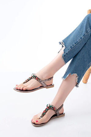 152-1110 Platin Multi  Taşlı Parmak Arası Kadın Sandalet