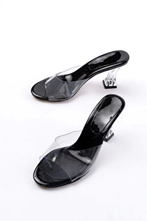 S-619 Siyah Rugan Şeffaf Bantlı Şeffaf Topuklu Yuvarlak Burunlu Kadın Terlik