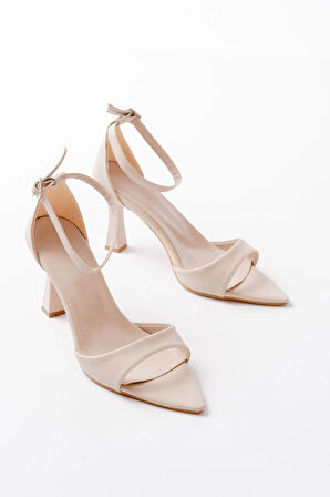 718 Bej Cilt Sivri Burunlu Topuklu Bilekten Bağlamalı Kadın Ayakkabı