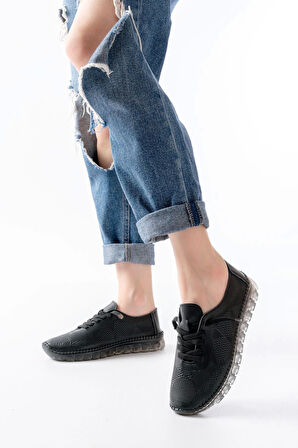 S-365  Siyah Desenli Hakiki Deri Şeffaf Taban Kadın Spor Ayakkabı