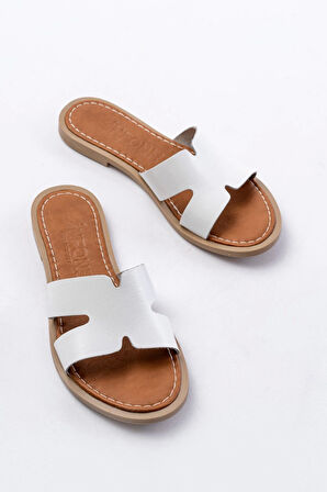 169-6100 Beyaz Ortopedik Hakiki Deri Kadın Terlik