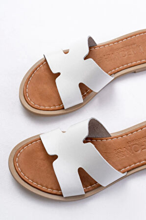 169-6100 Beyaz Ortopedik Hakiki Deri Kadın Terlik