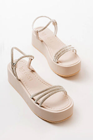 861-1100 Bej Günlük Gümüş Taşlı Dolgu Kadın Sandalet