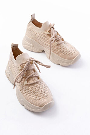 Sp-2024 Bej Günlük Bağcıklı Fileli Taş Aksesuarlı Kadın Spor Ayakkabı