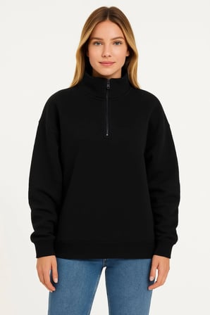 Üç İplik Dık Yaka Yarım Fermuarlı SweatShirt - Siyah