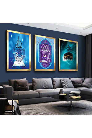 Gümüş Aynalı Pleksi Çerçeveli Kabe Ve Allah Muhammed Lafzı Dini Gümüş Üçlü Mdf Tablo Seti