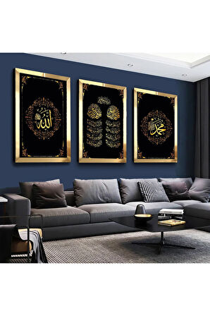 Gold Aynalı Pleksi Çerçeveli Allah Muhammed Lafzı Üçlü Mdf Tablo Seti