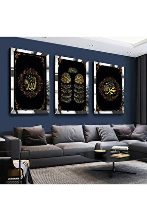 Gold Aynalı Pleksi Çerçeveli Allah Muhammed Lafzı Üçlü Mdf Tablo Seti
