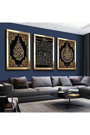 Gümüş Aynalı Pleksi Çerçeveli Esmaül Hüsna Dini Gümüş Üçlü Mdf Tablo Seti