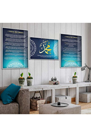 Gümüş Metal Çerçeveli Veda Hutbesi Dini Üçlü Kırılmaz Cam Tablo Seti