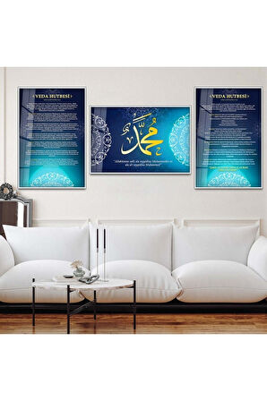 Gümüş Metal Çerçeveli Veda Hutbesi Dini Üçlü Kırılmaz Cam Tablo Seti