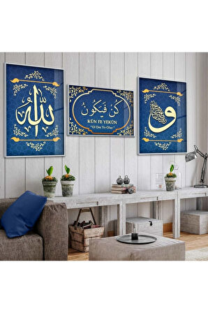 Siyah Metal Çerçeveli Kün Fe Yekün Dini Üçlü Kırılmaz Cam Tablo Seti