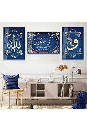 Siyah Metal Çerçeveli Kün Fe Yekün Dini Üçlü Kırılmaz Cam Tablo Seti