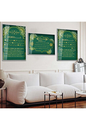 Gold Metal Çerçeveli Ayetel Kürsi Felak Süresi Ve Nas Süresi Dini Üçlü Kırılmaz Cam Tablo Seti