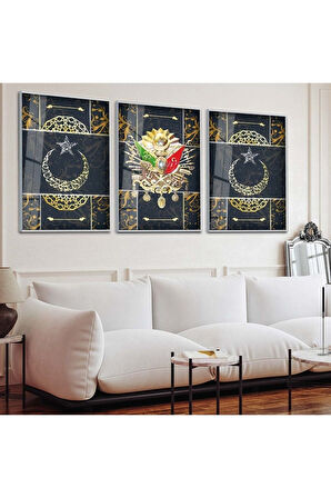 Siyah Metal Çerçeveli Osmanlı Tuğrası Üçlü Kırılmaz Cam Tablo Seti