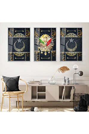 Siyah Metal Çerçeveli Osmanlı Tuğrası Üçlü Kırılmaz Cam Tablo Seti