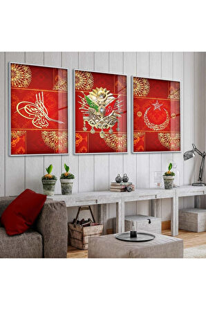 Gold Metal Çerçeveli Kırmızı Arka Planlı Osmanlı Tuğrası Üçlü Kırılmaz Cam Tablo Seti