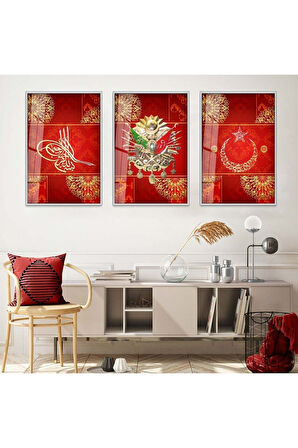 Gold Metal Çerçeveli Kırmızı Arka Planlı Osmanlı Tuğrası Üçlü Kırılmaz Cam Tablo Seti