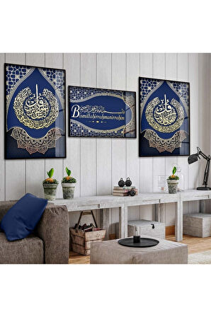 Gümüş Metal Çerçeveli Bismillahirrahmanirrahim Dini Üçlü Kırılmaz Cam Tablo Seti