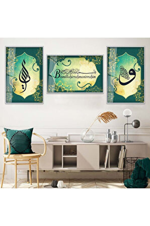 Gümüş Metal Çerçeveli Bismillahirrahmanirrahim Dini Üçlü Kırılmaz Cam Tablo Seti