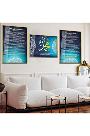 Gümüş Metal Çerçeveli Veda Hutbesi Dini Üçlü Kırılmaz Cam Tablo Seti