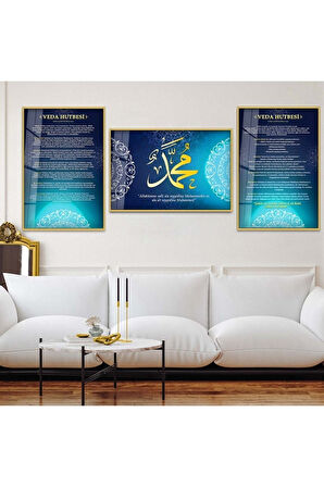 Gümüş Metal Çerçeveli Veda Hutbesi Dini Üçlü Kırılmaz Cam Tablo Seti