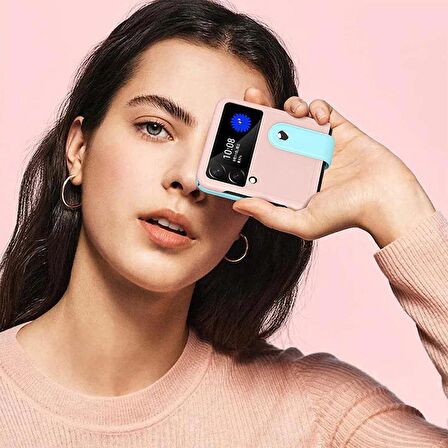Samsung Galaxy Z Flip 4 Katlanır 2 Renkli Parmak Tutuculu Deri+Silikon Kılıf 