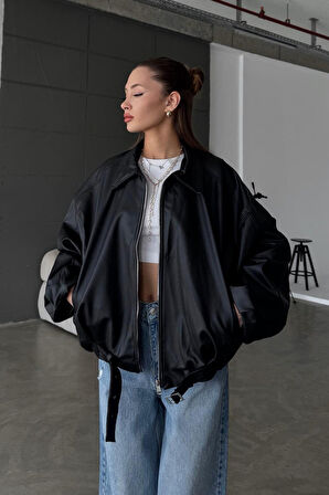 Kadın Oversize Deri Ceket– Oversize Relax Fit, Fermuarlı Kemer Detaylı Günlük Kadın Ceket