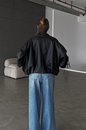 Kadın Oversize Deri Ceket– Oversize Relax Fit, Fermuarlı Kemer Detaylı Günlük Kadın Ceket