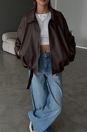 Kadın Oversize Deri Ceket– Oversize Relax Fit, Fermuarlı Kemer Detaylı Günlük Kadın Ceket